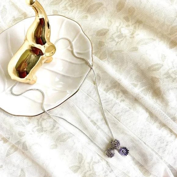 Cute Purple Daisy Floral & Beaded Pendant Sterling Silver Necklace 18" - Picture 7 of 7